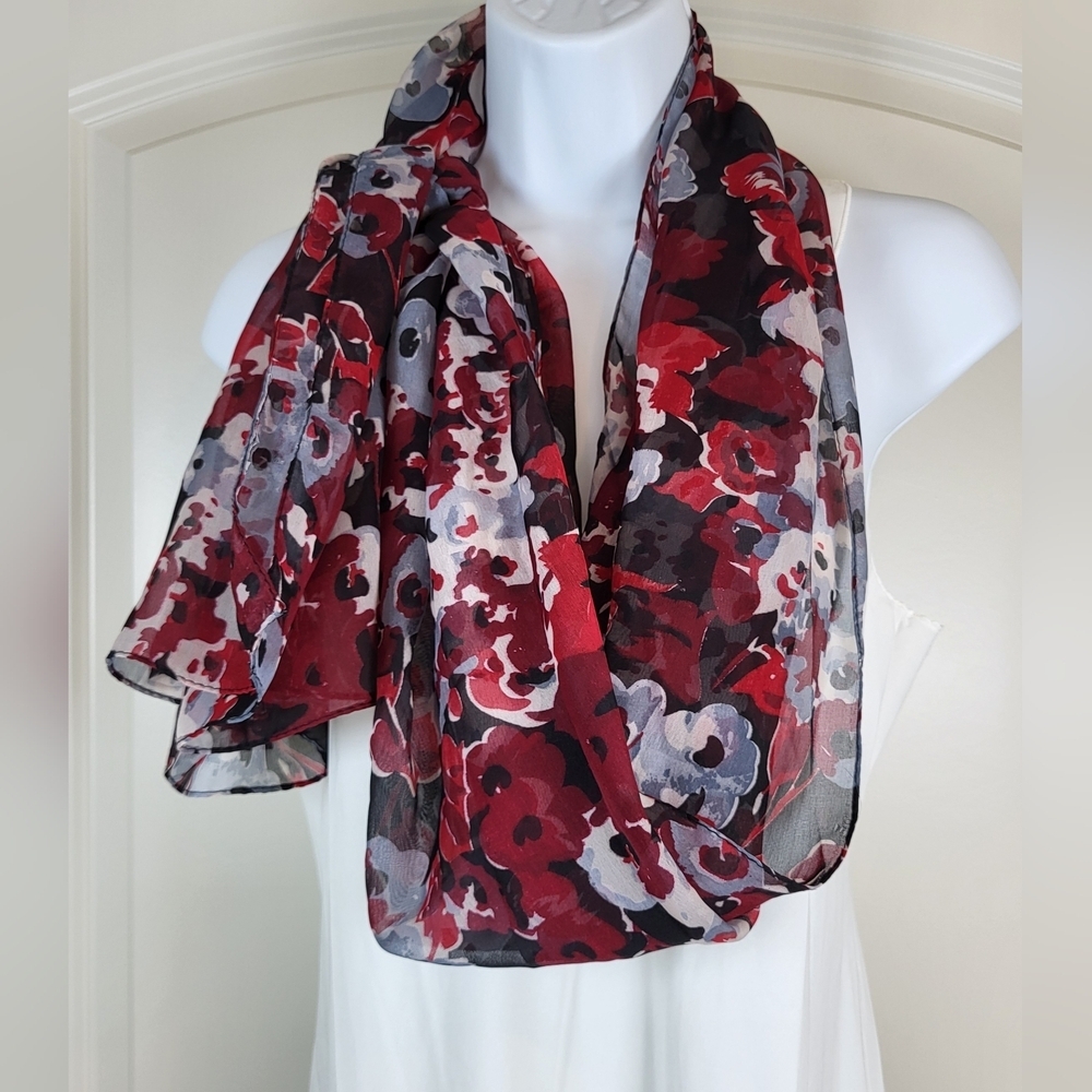 Black, Red and White Floral Print Lightweight Scarf -  70" x 20" - Picture 2 of 8